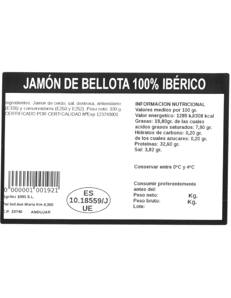 Jamón de Bellota 100% ibérico (Sobre de 100gr.) | Compra Productos ...