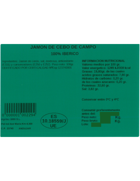 Jamón de Cebo de Campo 100% Ibérico (Sobre de 100gr.) | Compra Prod...