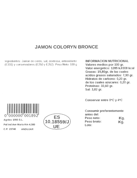 Jamón Coloryn Bronce (Sobre de 100gr.) | Compra Productos online