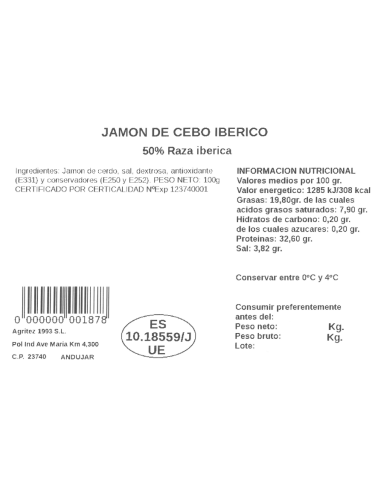Jamón Cebo 50% Ibérico (Sobre de 100gr.) | Compra Productos online