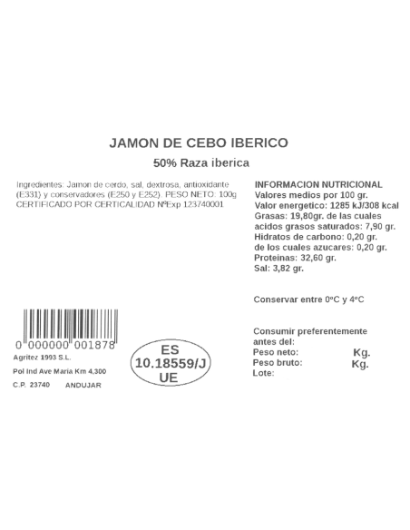 Jamón Cebo 50% Ibérico (Sobre de 100gr.) | Compra Productos online