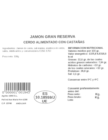 Jamón Gran Reserva (Sobre de 100gr.) | Compra Productos online