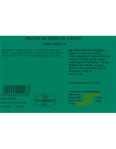 Paleta de Bellota 100% Ibérica (Sobre de 100gr.) | Compra Productos...