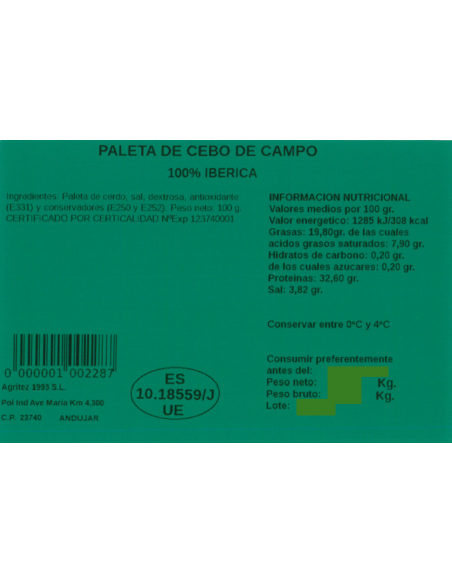 Paleta de Bellota 100% Ibérica (Sobre de 100gr.) | Compra Productos...