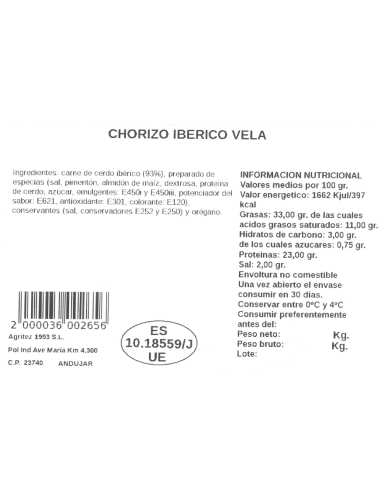 Chorizo Ibérico Vela | Compra Productos online