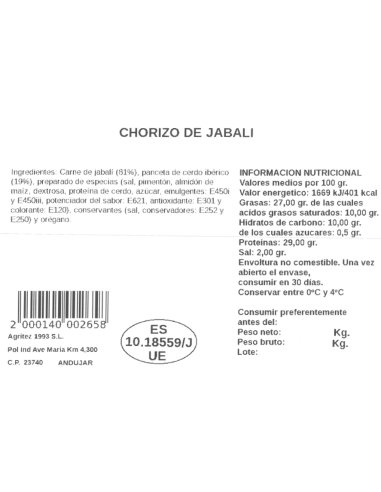 Chorizo Jabalí | Compra Productos online