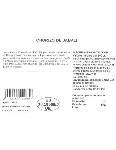 Chorizo Jabalí | Compra Productos online